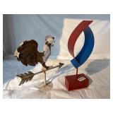 2pc Metal Rooster and Sculpture Set