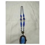 Blue Glass Pendant Necklace With Beading