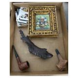 Lot: Small Painting, Matchbooks, Pipes
