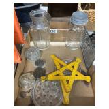 Jars, Glass Flower Frogs, and Tools