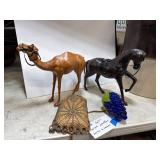 4 Pc Lot: Leather Animals, Pottery & Glass