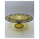 Yellow Glass Pedestal Plate With Silver Overlay