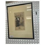 Framed Etching of European Street Scene