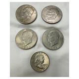 Five U.S. Coins Including Eisenhower and Franklin