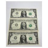 Three Sequential $1 Federal Reserve Notes