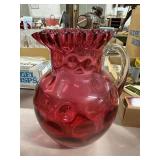 Cranberry Glass Pitcher with Ruffled Rim
