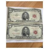 Two 1953 $5 U.S. Red Seal Notes