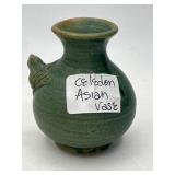 Celadon Glazed Asian Vase With Bird Accent