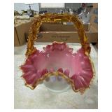 Hand-Blown Pink and Amber Glass Basket