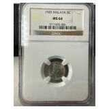 1945 Malaya 5 Cents Coin, MS 64, NGC
