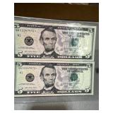 Two Uncirculated $5 Federal Reserve Notes