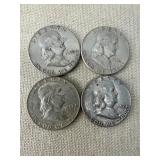 Four 1952 Franklin Half Dollar Coins