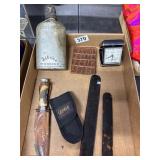 Lot: Knife, Bottle, Wallet, Clock