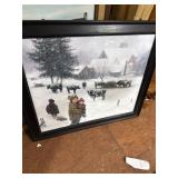 Framed Winter Farm Scene Artwork, 22x26