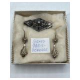 Signed Danish Silver Brooch & Earring Set
