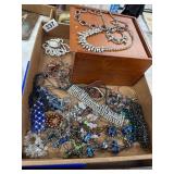 Costume Jewelry Lot With Wooden Box