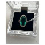 Art Deco 14K White Gold Green Stone Ring