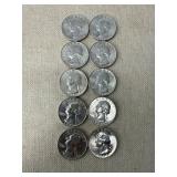 Ten 1964 Washington Silver Quarters