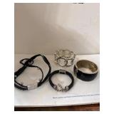 Black Leather and Silver-Toned Bracelets