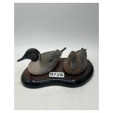Hand-Carved Duck Pair on Wooden Base