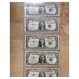 Five U.S. One-Dollar Silver Certificates