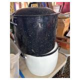 Two Enameled Metal Stock Pots With Lids