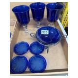 Vintage Blue Glass Cups, Dishes, Coasters