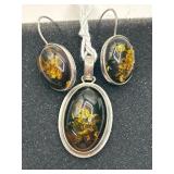 Sterling Silver and Green Amber Jewelry Set