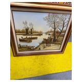 Framed River Scene Oil Painting