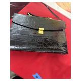 Black Faux Crocodile Handbag With Gold-Tone Clasp