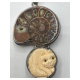 Sterling Nautilus and Bone Cat Pendant
