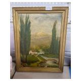 Framed Landscape Painting with Cottage