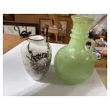 Silver Overlay & Green Art Glass Vase Set