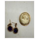 Tested 10K Gold Cameo Brooch and 10k Earrings