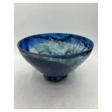 Art Glass Bowl with Blue Swirl Design
