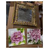 Three-Piece Enamel Floral Plates and Beaded Mirror