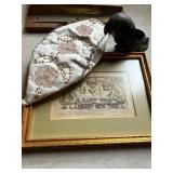 Framed Embroidery, Beaded Veil, Parrot Figurine
