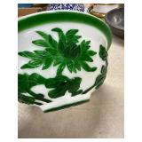 Green and White Glass Bowl with Raised Design