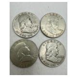Four Franklin Half Dollar Coins, 1948-1949