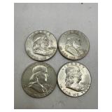 Four Franklin Half Dollars, 1948-1959