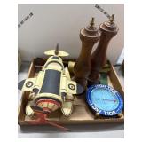Decorative Clock, Salt Mills, and Model Plane