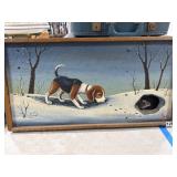 Framed Wood Artwork With Dog Scene