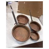 4 Copper Pans, One Missing Handle