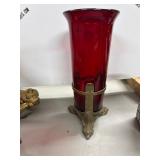 Red Glass Vase with Ornate Metal Base