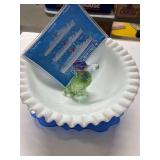Milk Glass Bowl, Blue Glass Dish, and Figurine