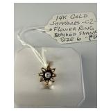 14K Gold Sapphire CZ Flower Ring, Size 6
