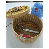 Wicker Sewing Basket With Blue Bank