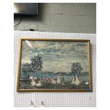 Framed Seaside Scene Watercolor Painting