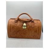 Carved Leather Handbag with Brass Lock