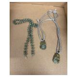 Jade bead necklace with 14k clips and two jade pen